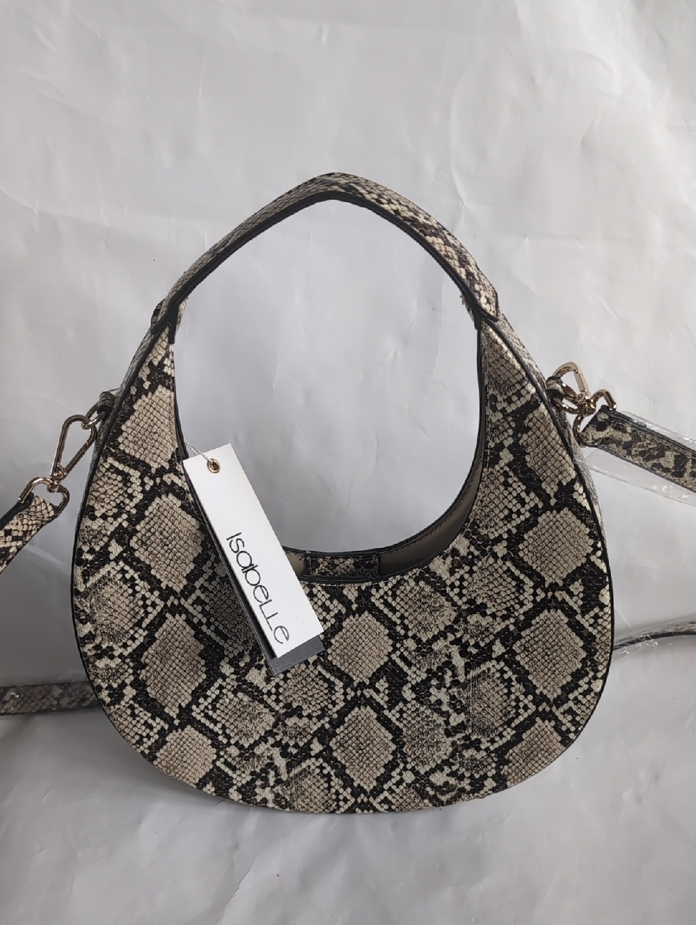 Isabelle Beige Snake-Print Vegan Crescent Shoulder Bag